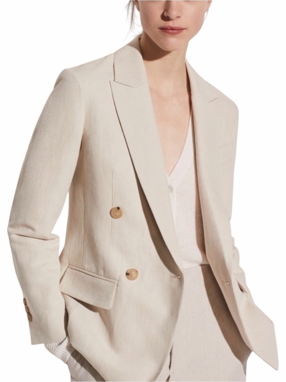 Vince Linen Cotton Blend Double Breasted Long Sleeve Cream Blazer 10